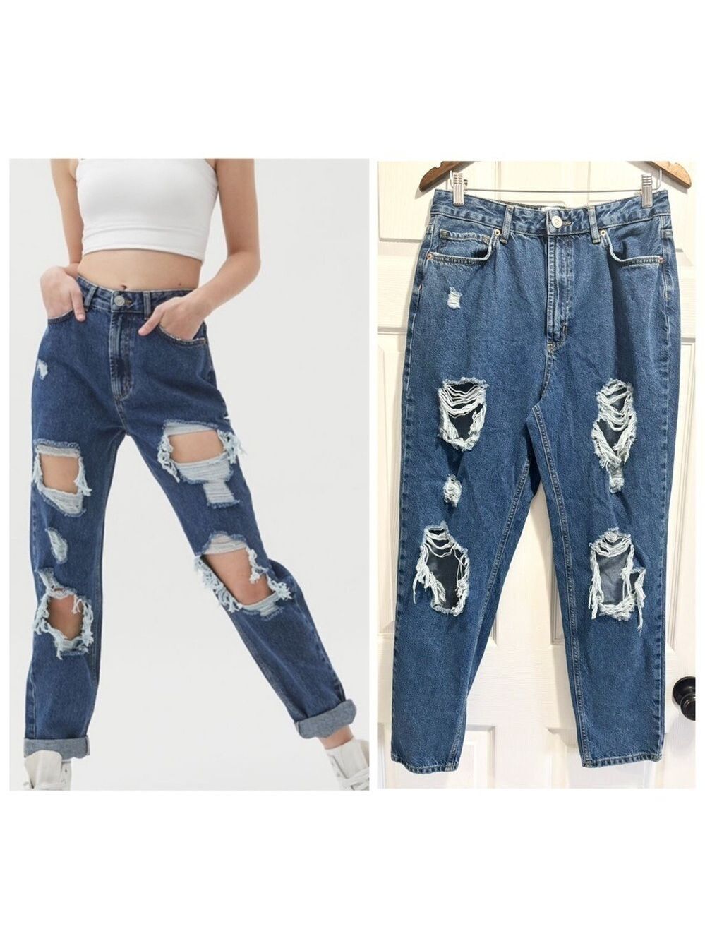 BDG Urban Outfitters High Waisted Mom Jeans Destroyed Distressed Medium Wash 31